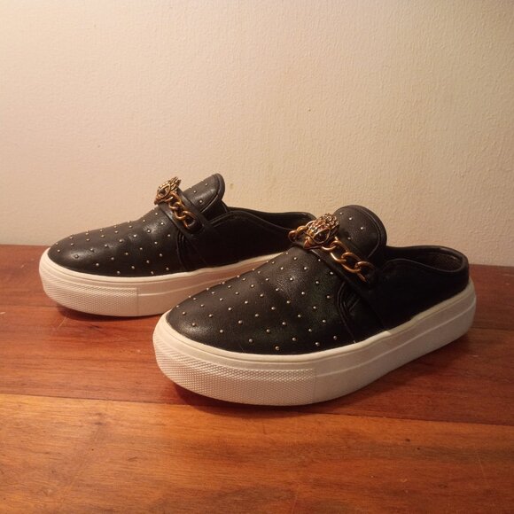 KURT GEIGER London "Milly" Sz. 32EU/1 US Black Studded Rhinestone Chain Mules - Picture 3 of 12